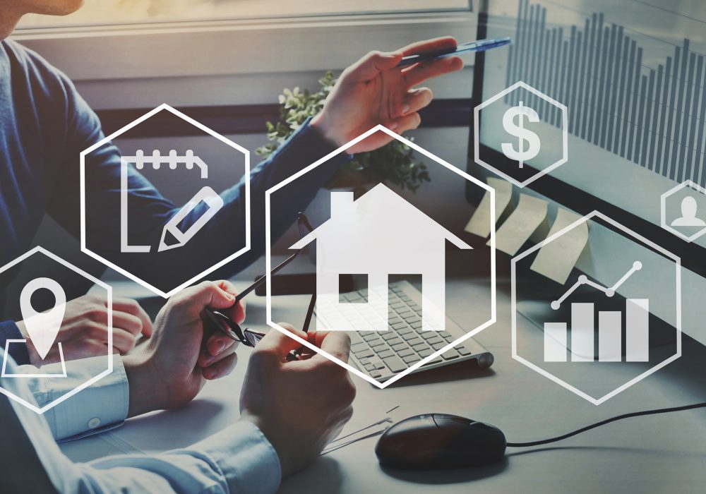 real estate concept with icons of  location, contract and price diagram