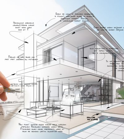 3D rendering of a hand scribbling technical details on a luxury house draft. The handwriting is dummy text for illustration purposes